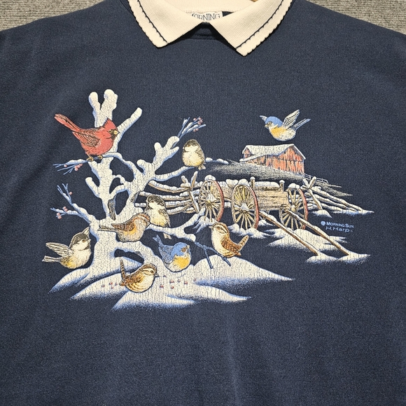 morning sun Tops - Vintage Morning Sun Grandma Sweatshirt Winter Blue Birds Cardinals USA L Womens